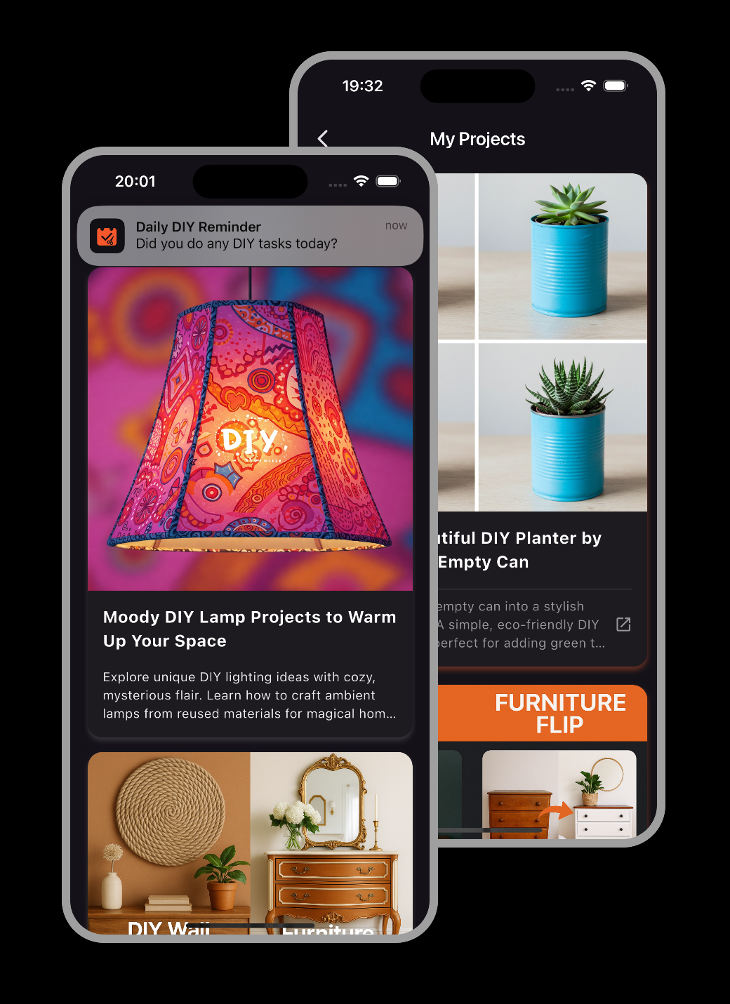 Screenshot of Daily DIY Reminder app user interface showing daily inspiration and project reminders